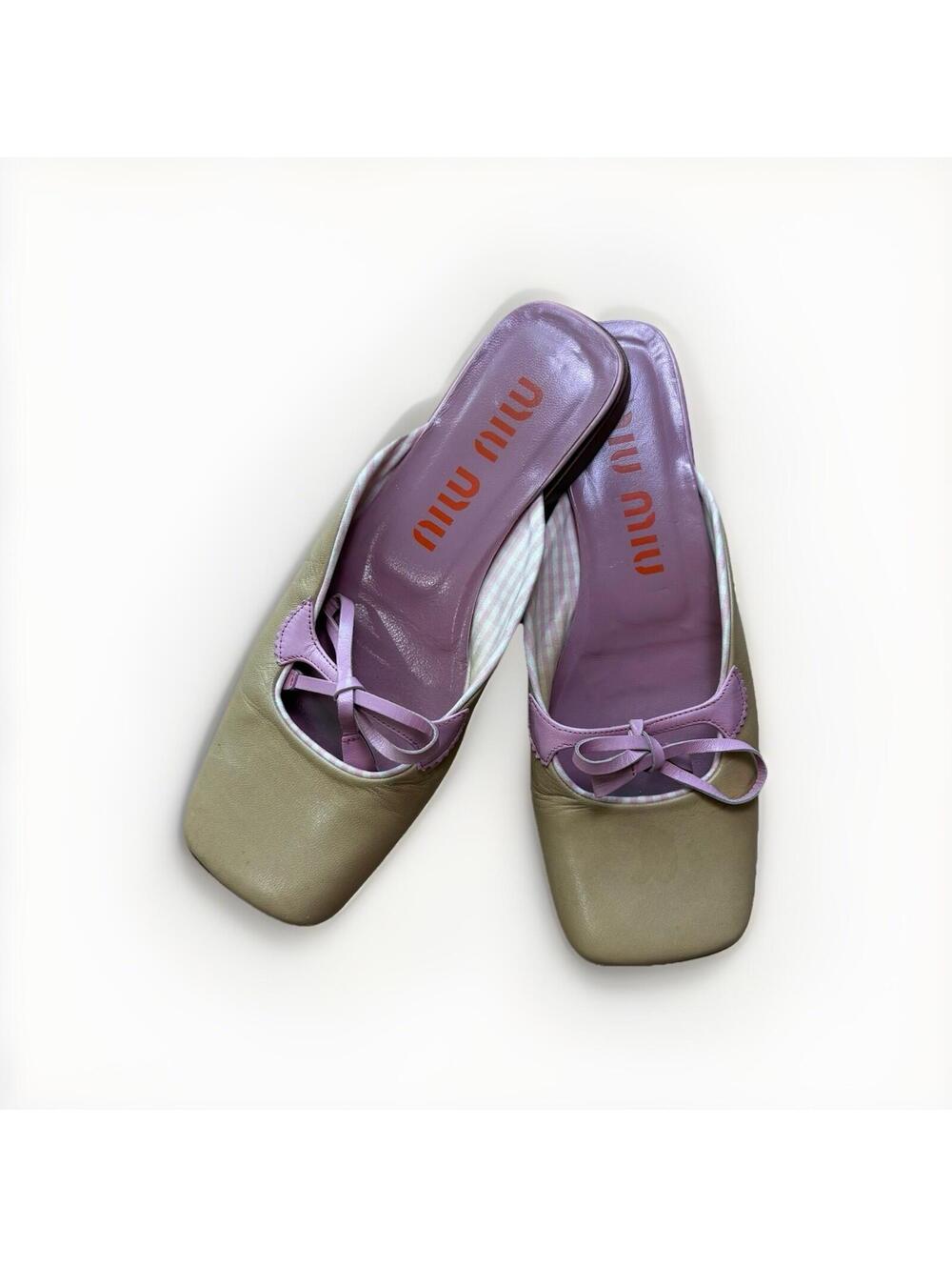 Miu Miu Vintage Y2K Leather Slide Mules Pink Bow Beige Square Toe EU 37 US 6.5 7